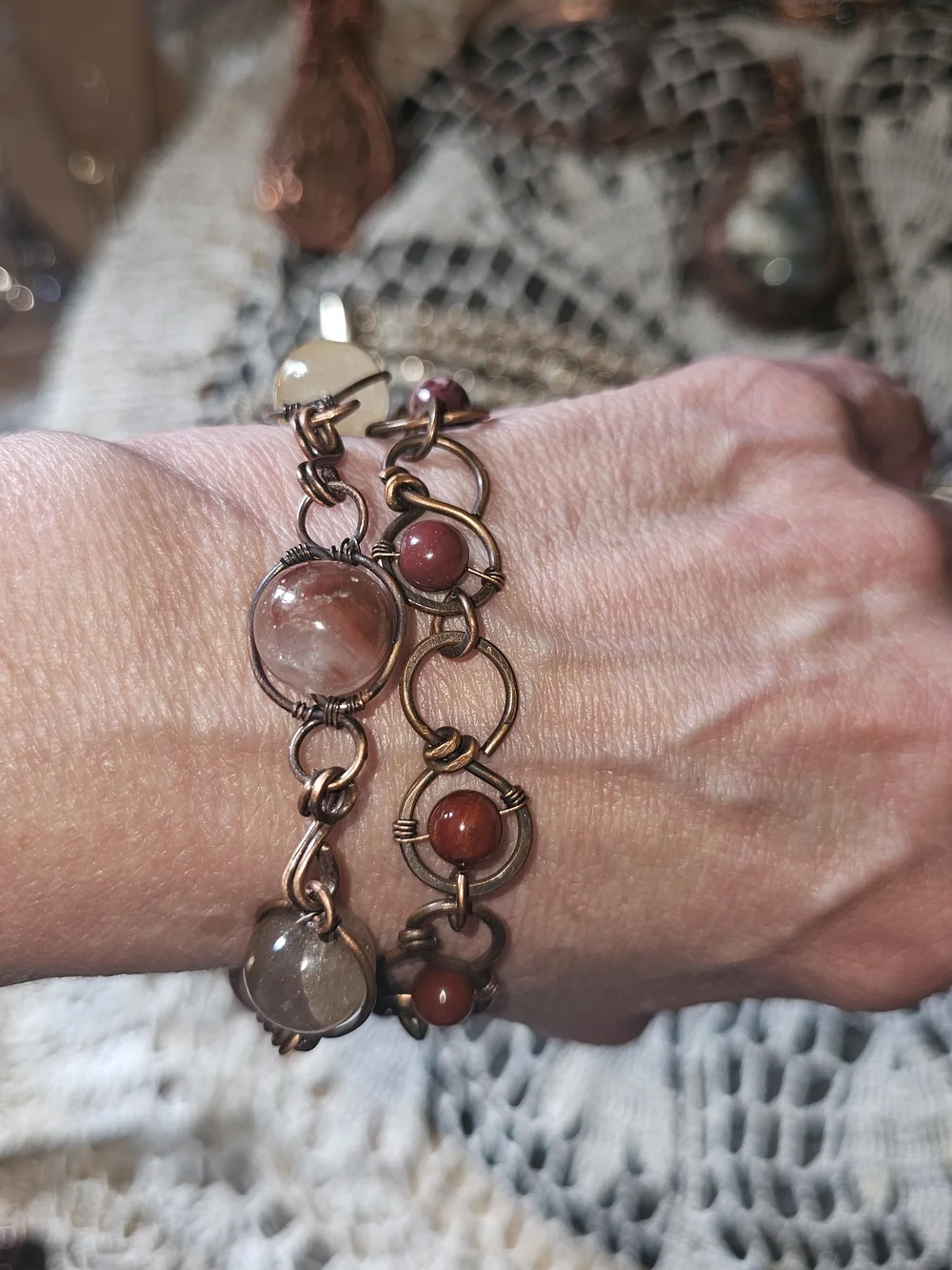 Handcrafted Copper Bracelet Set Of 2 with Red-jasper And Large Mixed Gemstones.